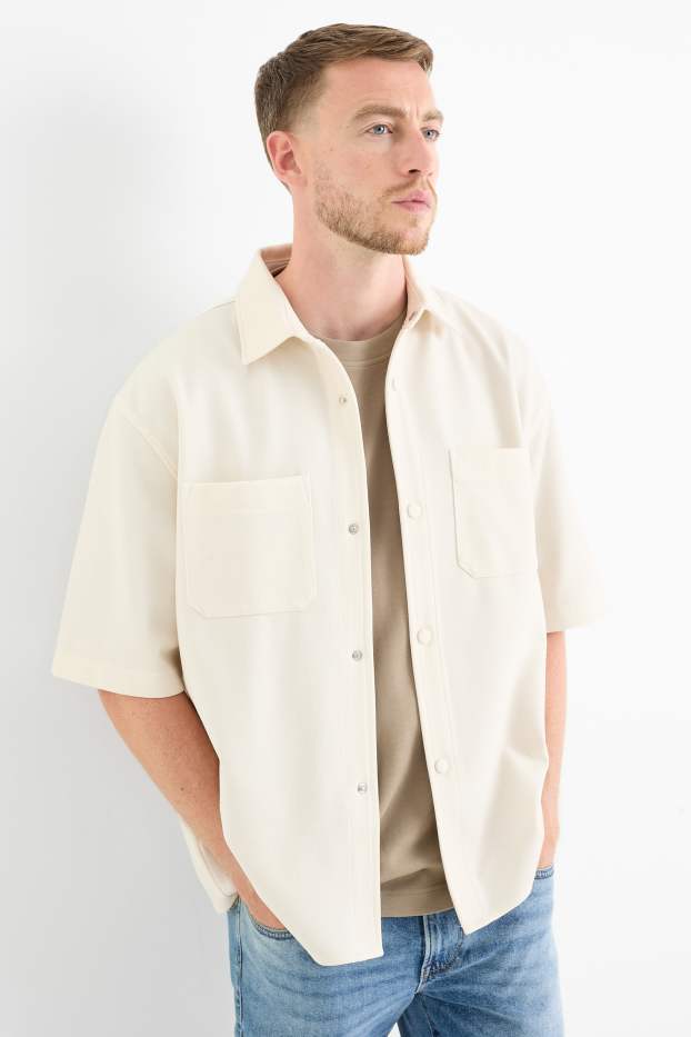 Men - Shirt - relaxed fit - lapel collar - textured - cremewhite
