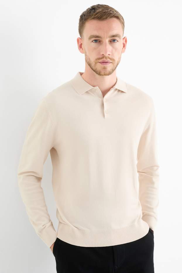 Bărbați - Tricou polo cu mânecă lungă - din tricot - bej deschis