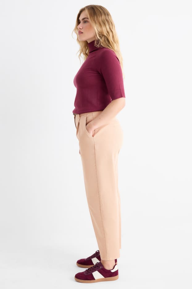 Women - Cloth trousers with belt - high waist - barrel leg - beige