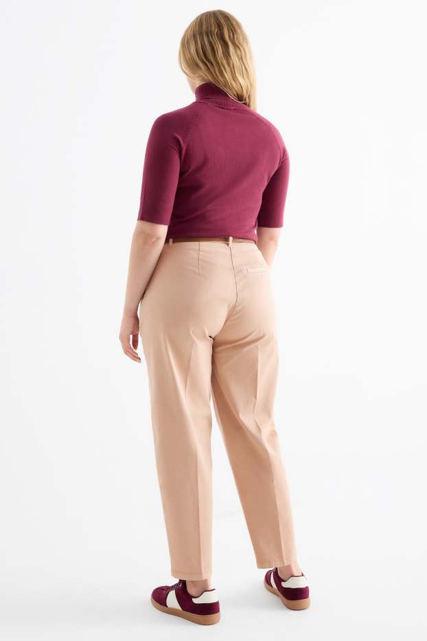Women - Cloth trousers with belt - high waist - barrel leg - beige