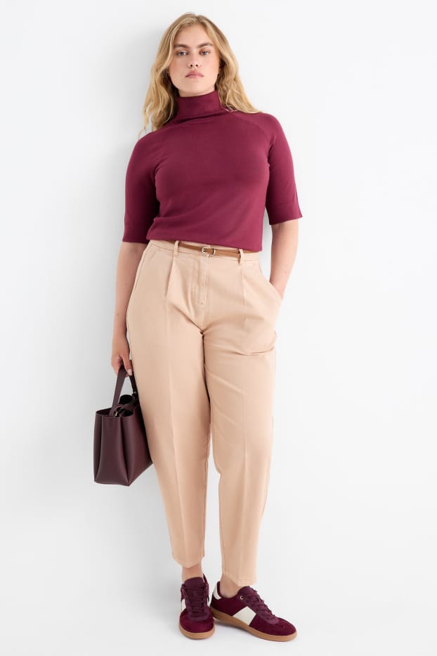Women - Cloth trousers with belt - high waist - barrel leg - beige