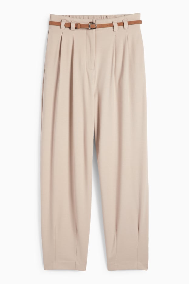 Femei - Pantaloni de stofă cu curea - talie înaltă - barrel leg - bej