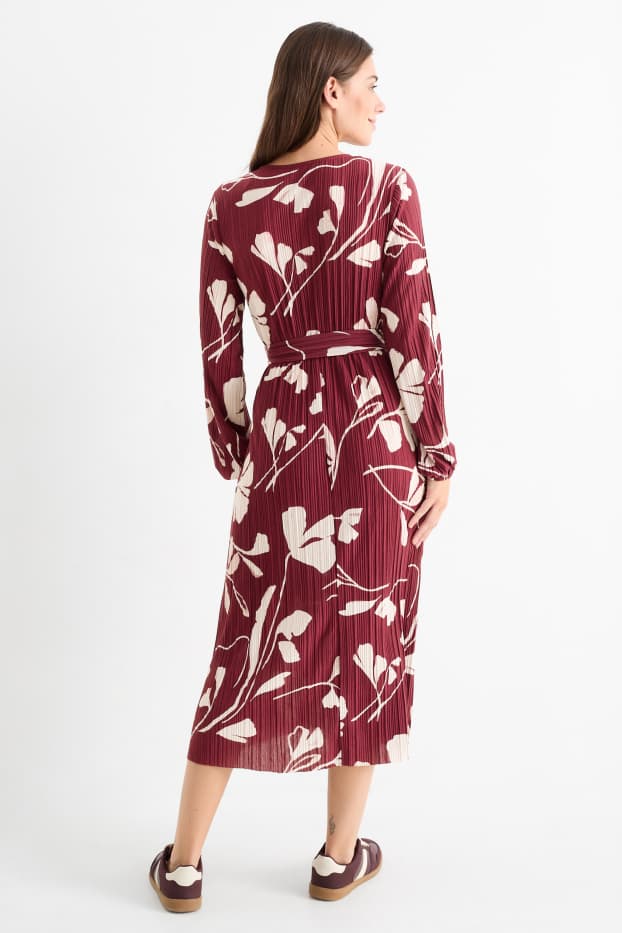 Femei - Rochie petrecută plisată cu curea - cu flori - bordo