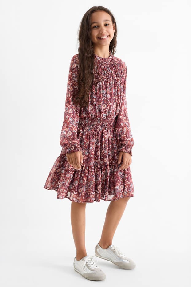 Copii - Fete - Rochie din șifon - cu model - bordo