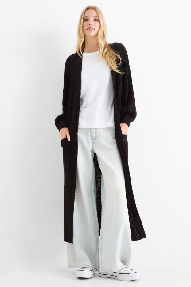Femei - Cardigan tricotat lung - reiat - negru