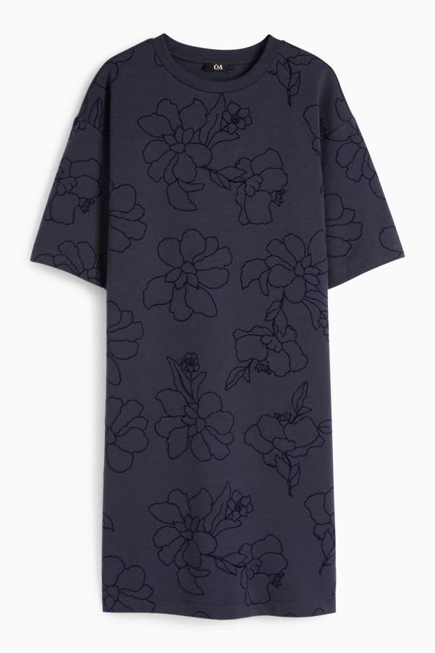 Femei - Rochie-tricou - cu flori - albastru închis