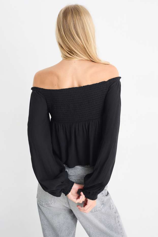 Femei - Bluză crop - cu fronseuri - negru