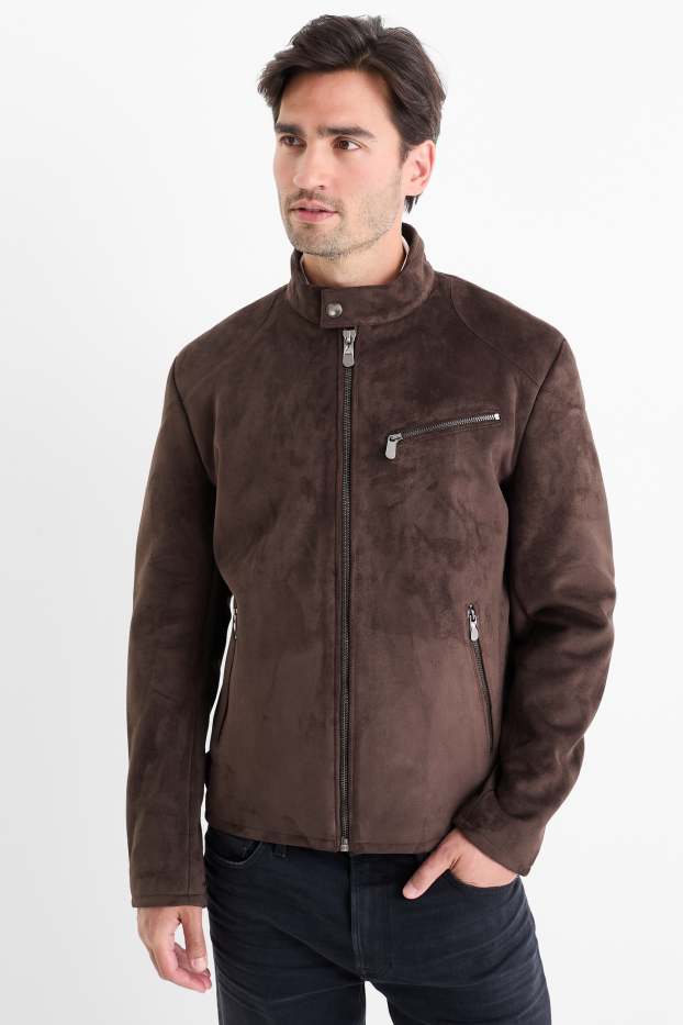 Men - Biker jacket - faux suede - dark brown