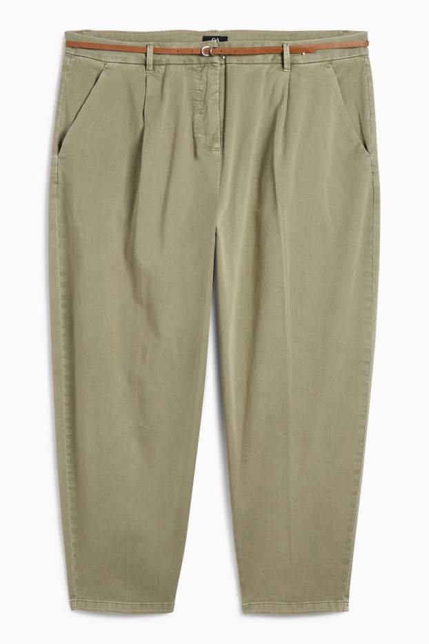 Femei - Pantaloni de stofă cu curea - talie înaltă - barrel leg - kaki