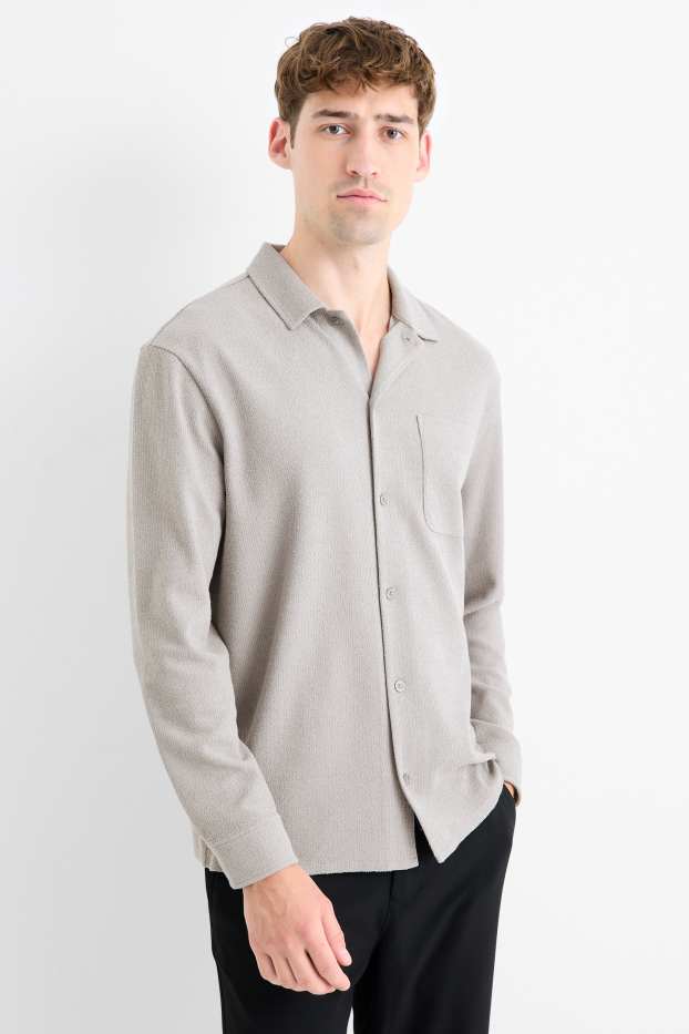 Men - Knitted shirt - loose fit - lapel collar - ribbed - gray