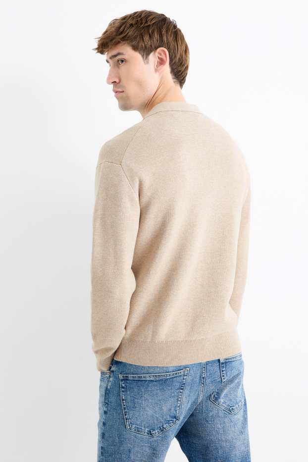 Bărbați - Tricou polo cu mânecă lungă - din tricot - bej deschis