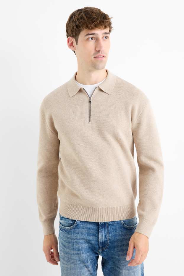 Bărbați - Tricou polo cu mânecă lungă - din tricot - bej deschis