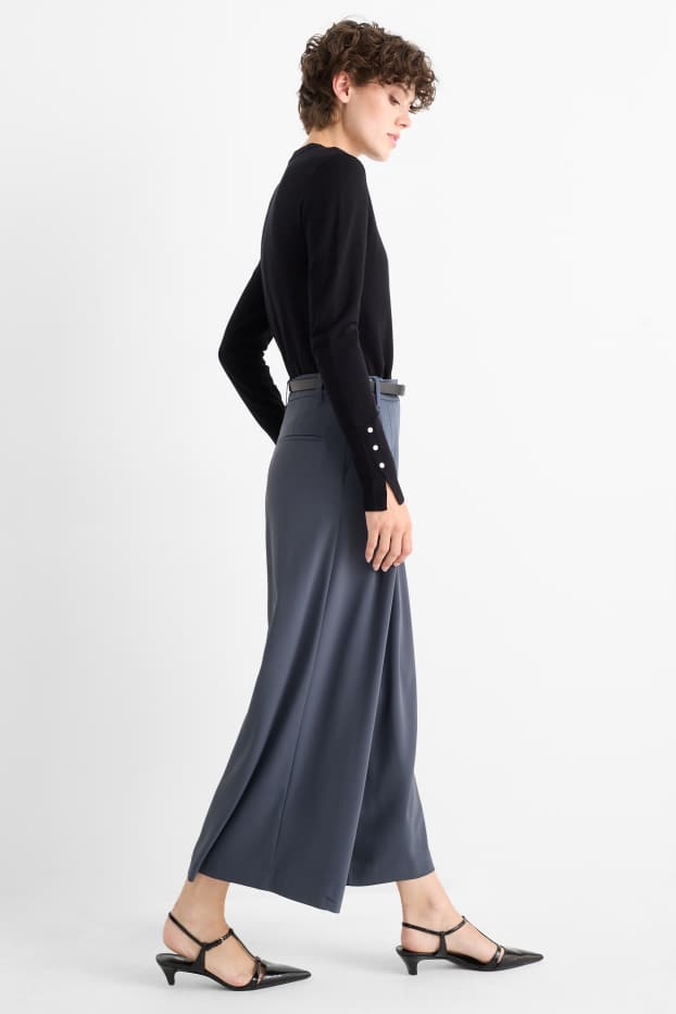 Femei - Pantaloni de stofă cu curea - talie înaltă - wide leg - albastru închis