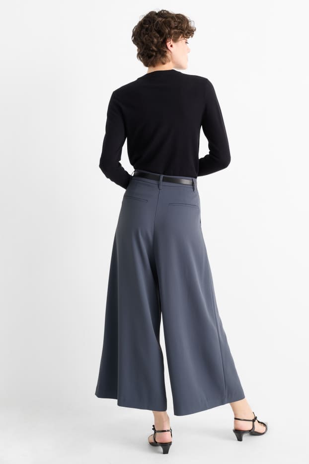 Femei - Pantaloni de stofă cu curea - talie înaltă - wide leg - albastru închis