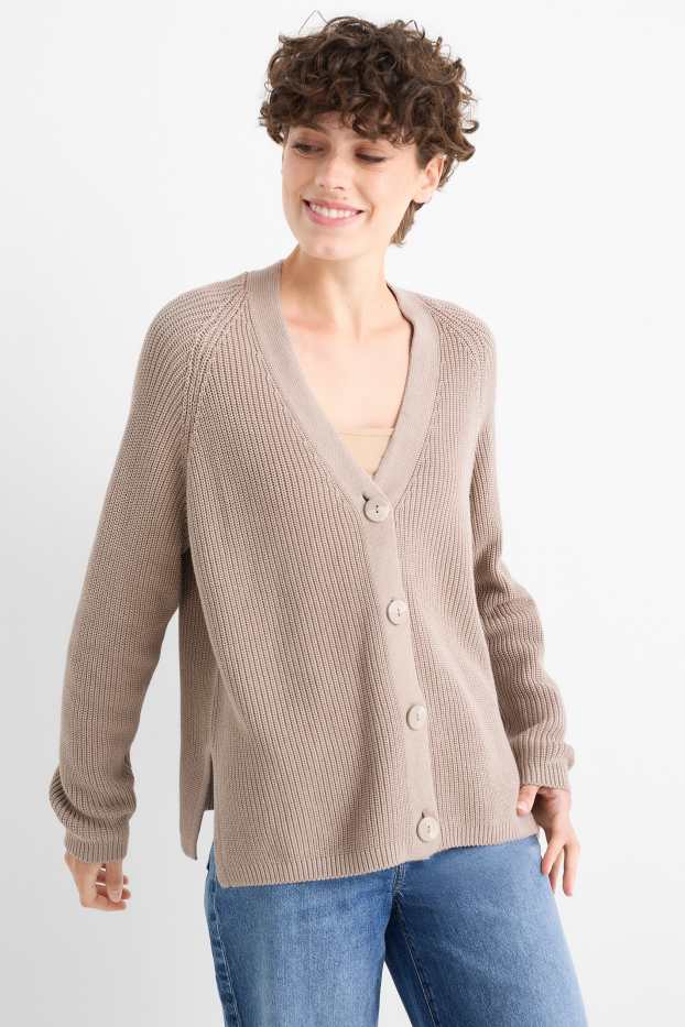 Women - Cardigan - ribbed - taupe
