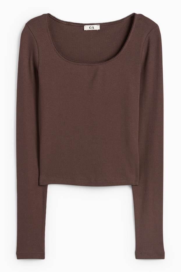 Femei - Tricou crop cu mânecă lungă - reiat - maro închis