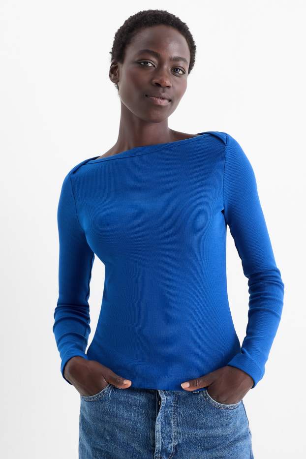 Femei - Tricou cu mânecă lungă - slim fit - reiat - albastru