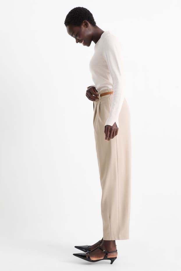 Femei - Pantaloni de stofă cu curea - talie înaltă - barrel leg - bej