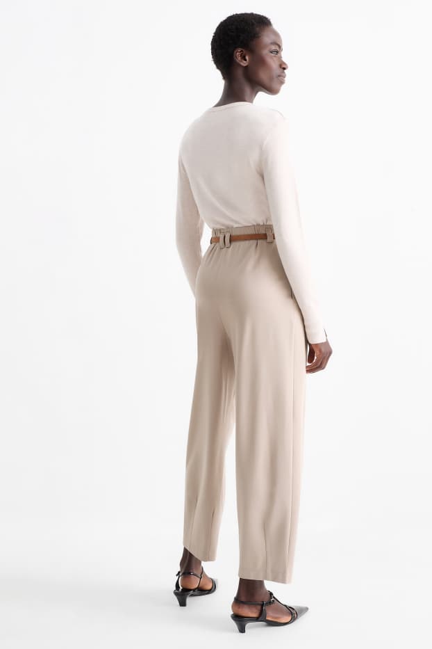 Femei - Pantaloni de stofă cu curea - talie înaltă - barrel leg - bej