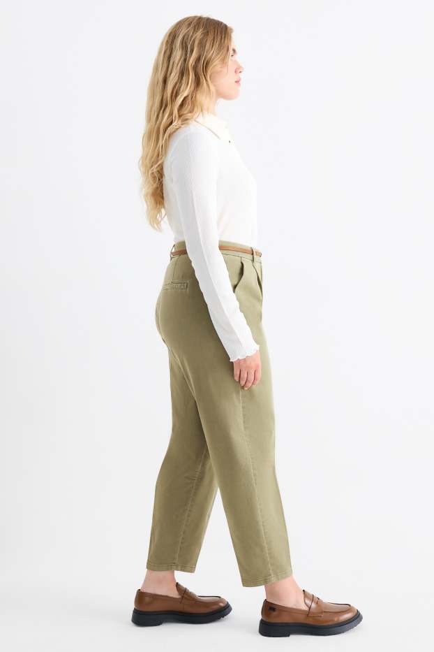 Women - Cloth trousers with belt - high waist - barrel leg - khaki