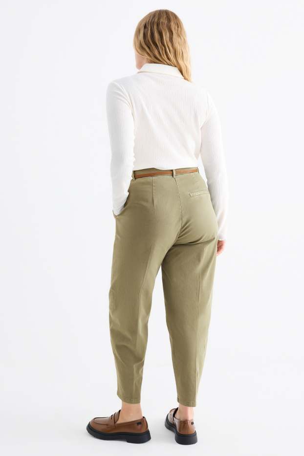 Women - Cloth trousers with belt - high waist - barrel leg - khaki