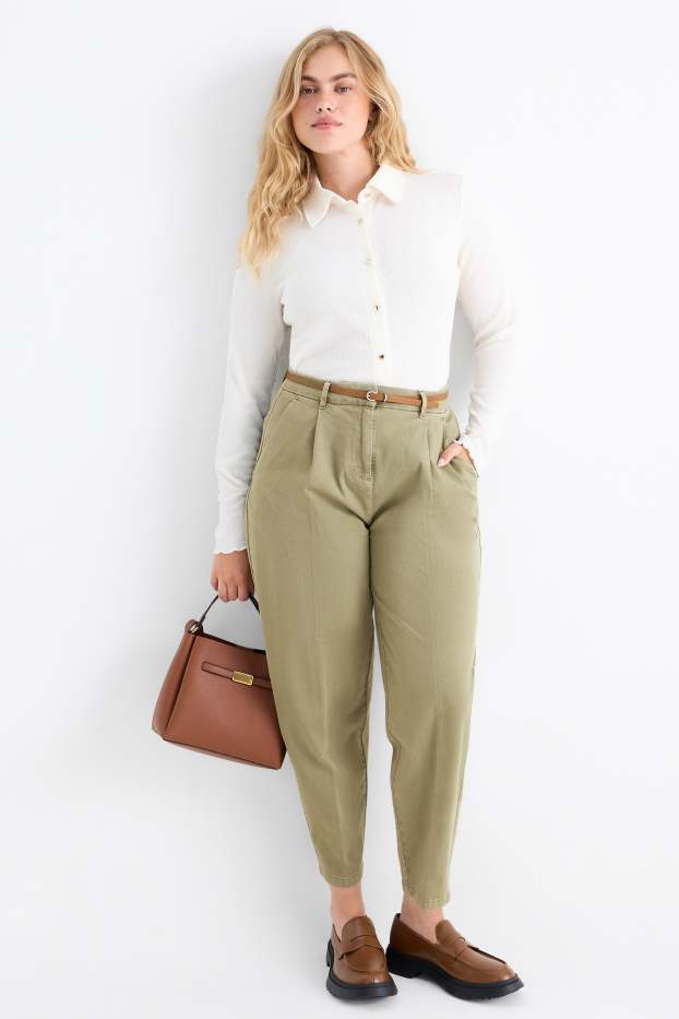 Women - Cloth trousers with belt - high waist - barrel leg - khaki