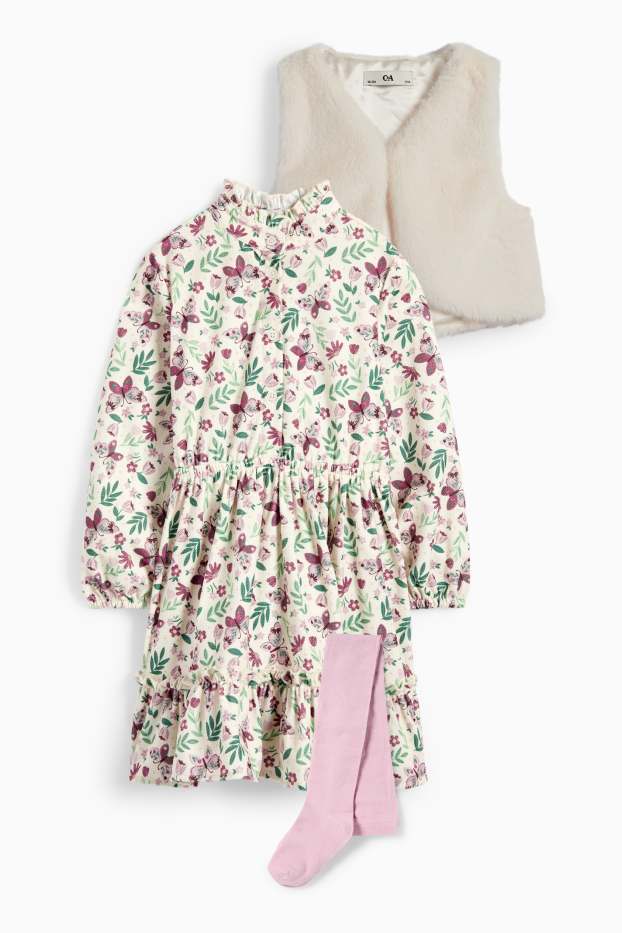 Copii - Fete - Set - rochie, vestă din blană artificială și dresuri - 3 piese - violet