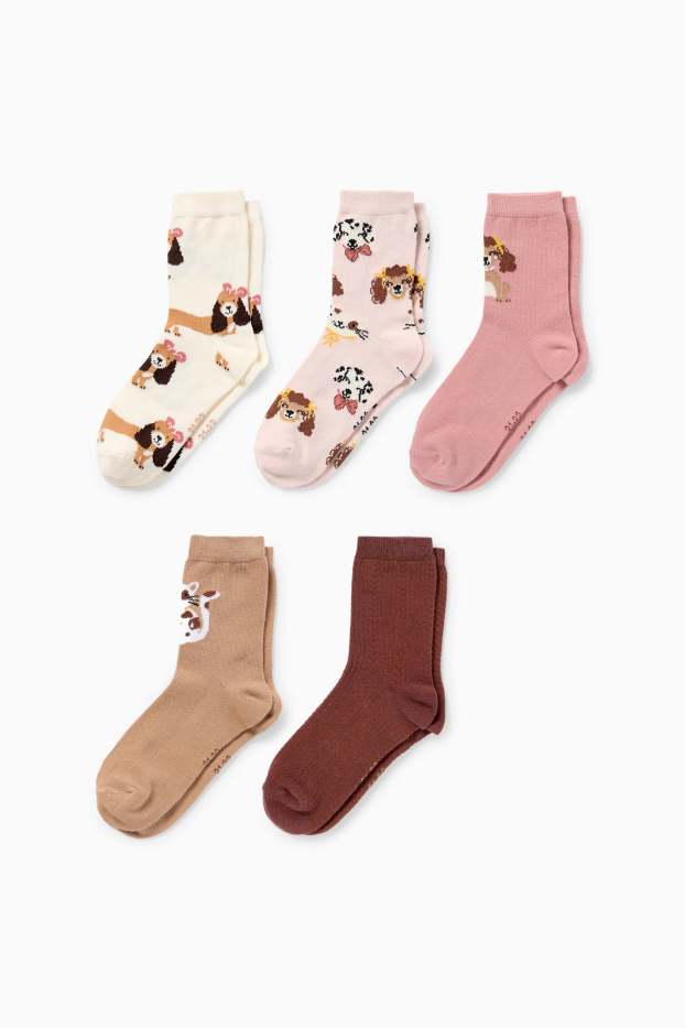 Copii - Fete - Multipack 5 perechi - câine și pisică - șosete cu motive - roz