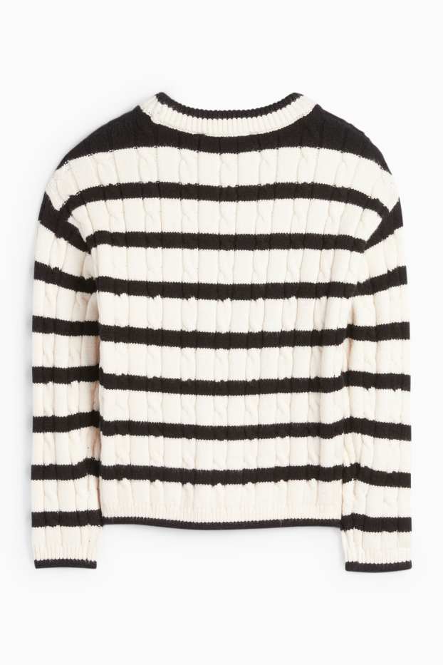 Children Girls - Jumper - striped - cable knit pattern - black / white