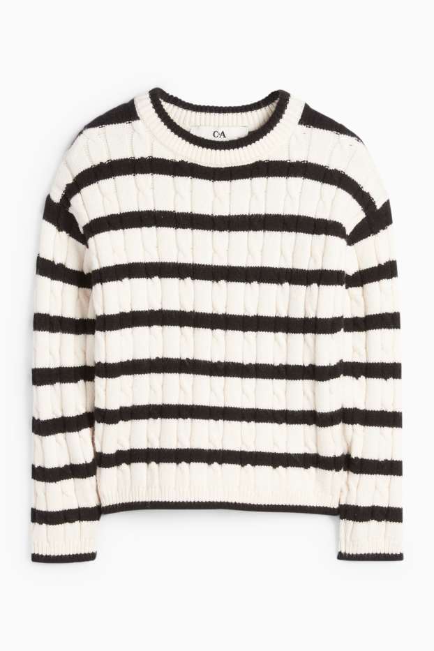 Children Girls - Jumper - striped - cable knit pattern - black / white