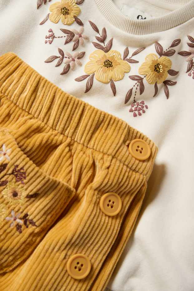 Copii - Fete - Floare - set - bluză de molton și fustă din catifea reiată - 2 piese - verde / bej