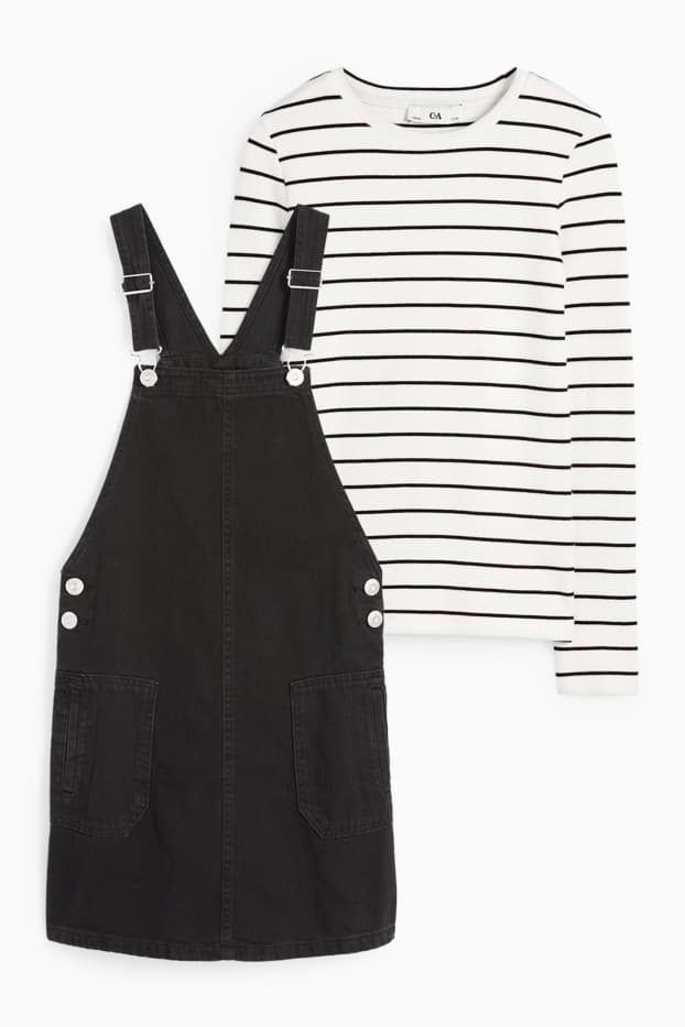 Copii - Fete - Set - tricou cu mânecă lungă și rochie-salopetă din denim - 2 piese - negru / alb