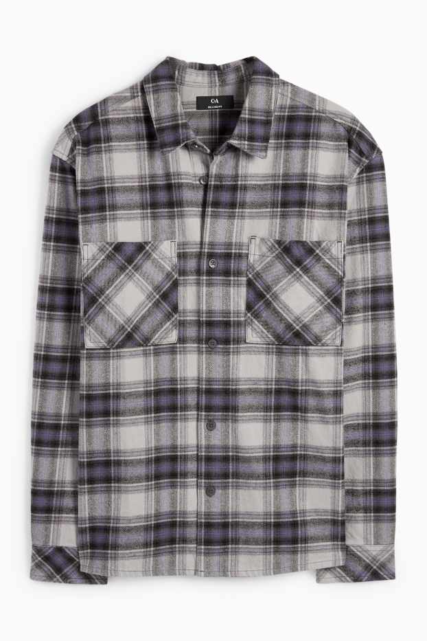 Bărbați - Cămașă din flanel - relaxed fit - guler Kent - în carouri - gri deschis