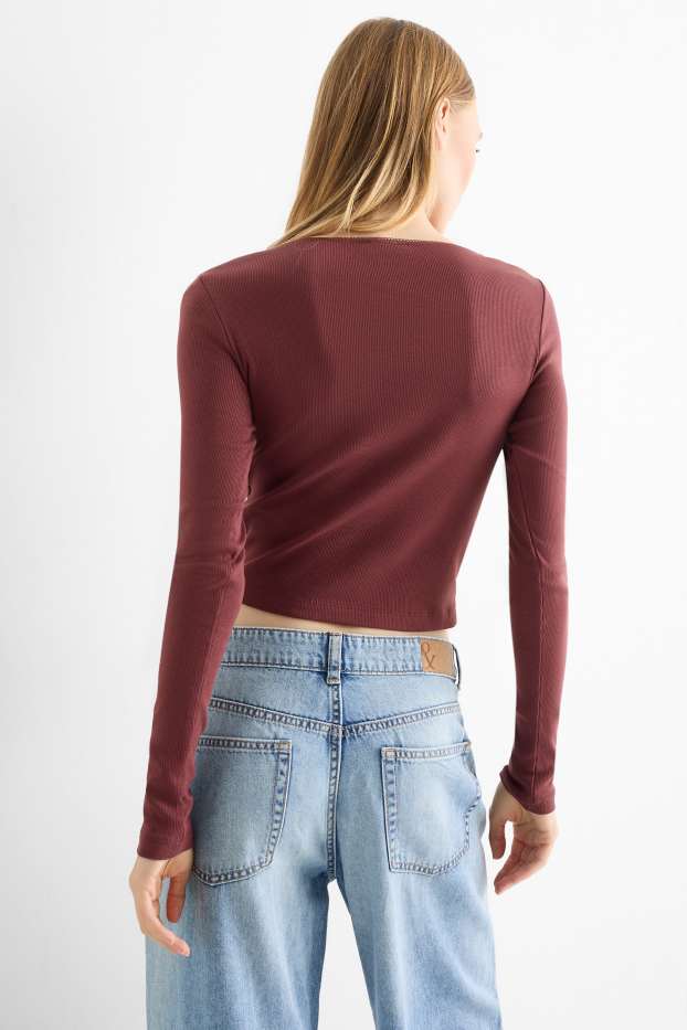 Femei - Tricou crop cu mânecă lungă - reiat - bordo