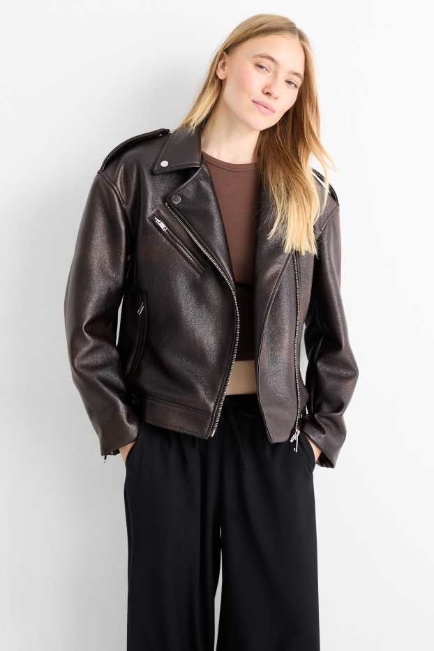 Women - Biker jacket - faux leather - dark brown