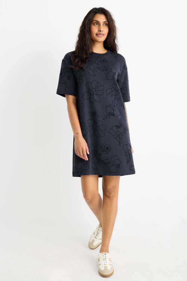Femei - Rochie-tricou - cu flori - albastru închis