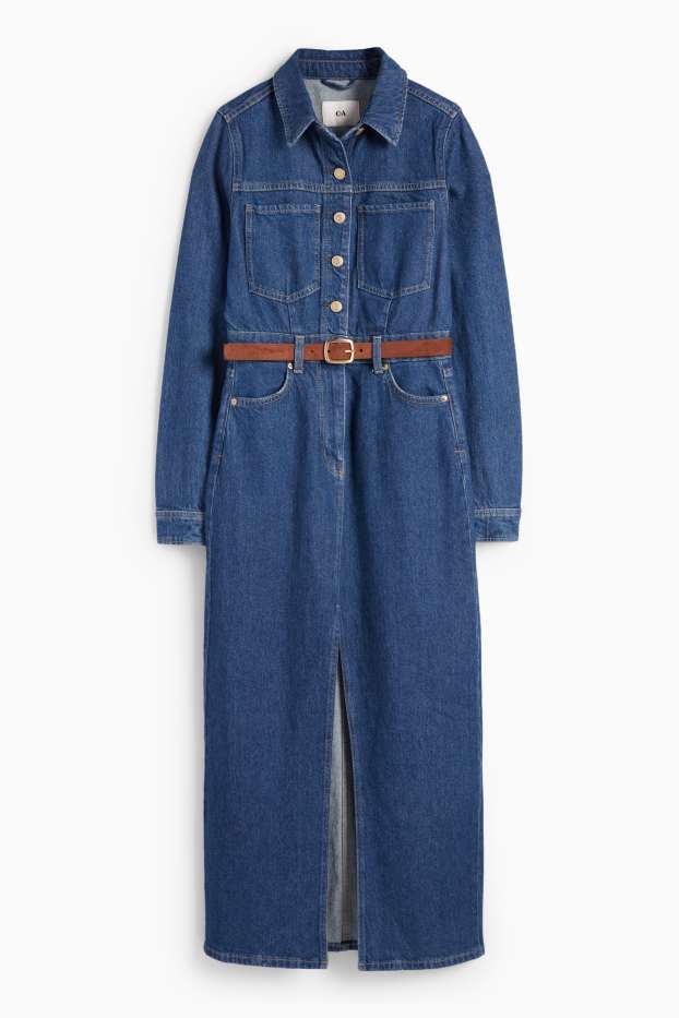 Femei - Rochie tip bluză din denim cu curea - denim-albastru