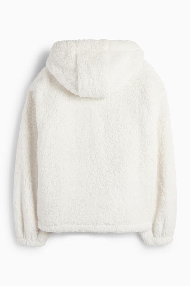 Women - Faux fur jacket with hood - white