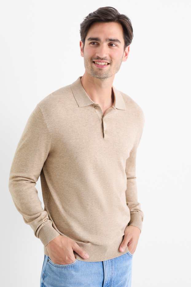 Bărbați - Tricou polo cu mânecă lungă - din tricot - bej deschis