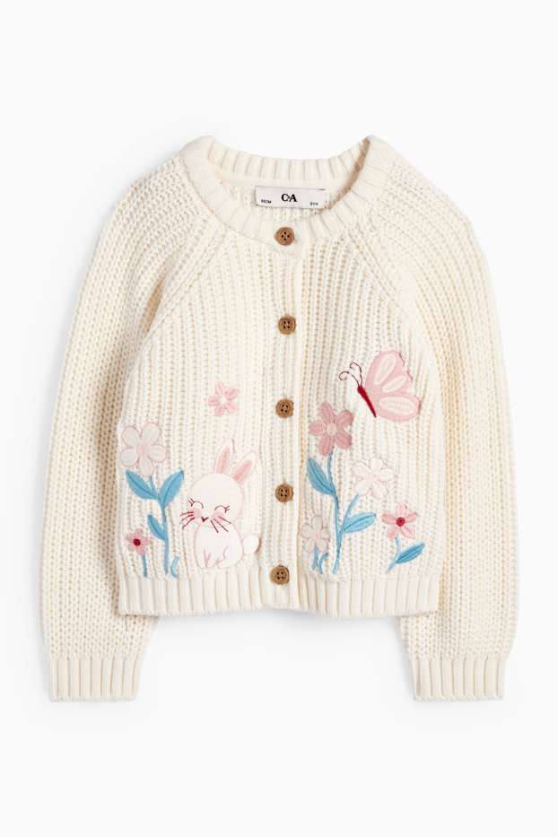 Copii - Fete - Iepure, fluture și floare - cardigan tricotat - reiat - alb-crem