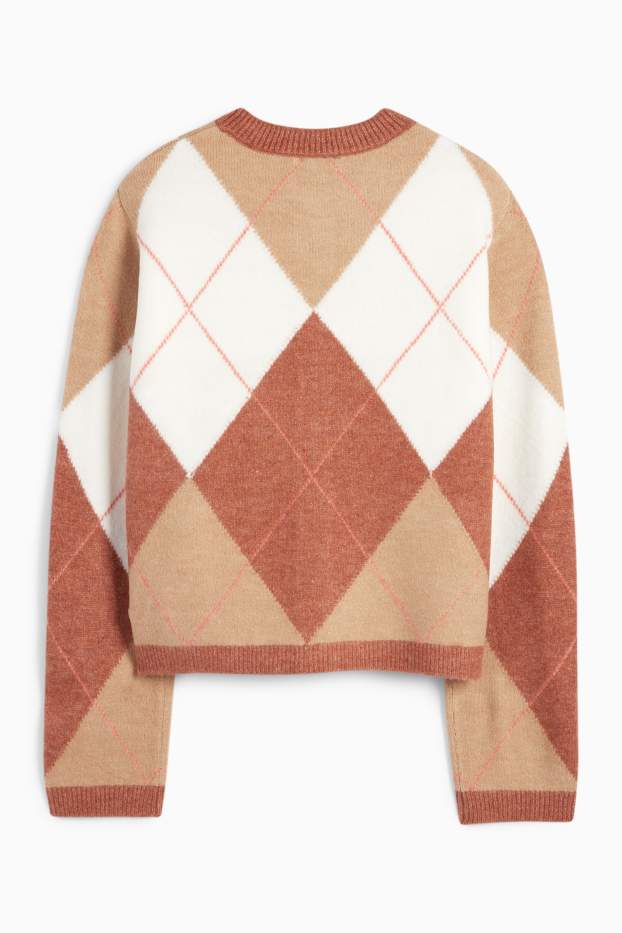 Dámské - Pletený kardigan - kostkovaný - béžová