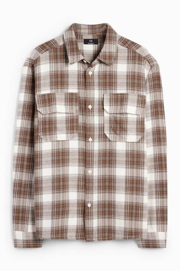 Bărbați - Cămașă din flanel - relaxed fit - guler Kent - în carouri - bej / maro