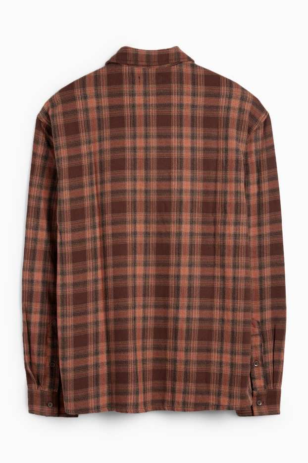 Bărbați - Cămașă din flanel - relaxed fit - guler Kent - în carouri - maro închis