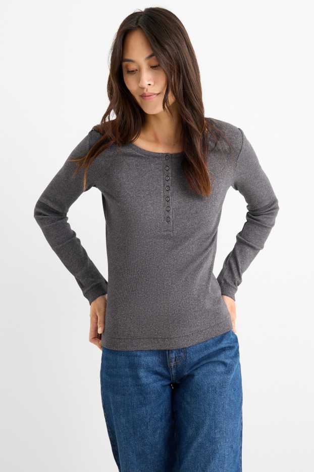 Damen - Henley-Shirt - Slim Fit - gerippt - dunkelgrau