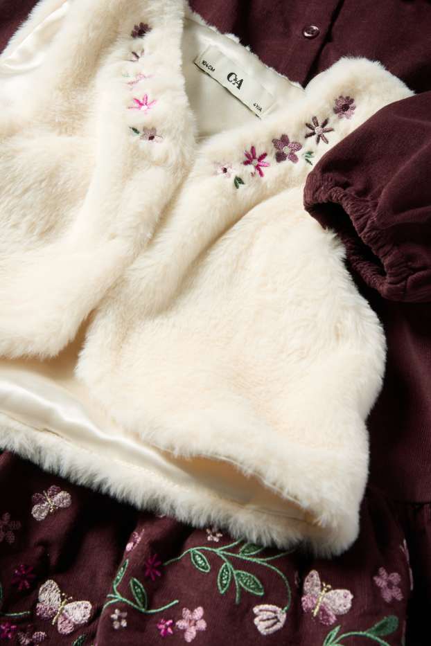 Copii - Fete - Floare - set - rochie din catifea reiată, vestă din blană artificială și dresuri - bordo