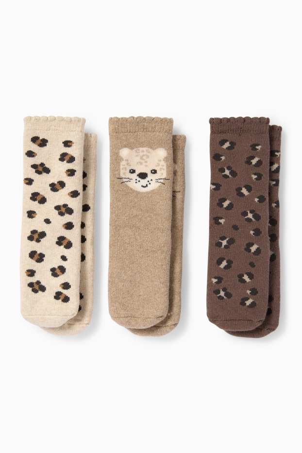 Bebeluși - fete - Multipack 3 perechi - leopard - șosete antialunecare bebeluși - cu motive - bej deschis