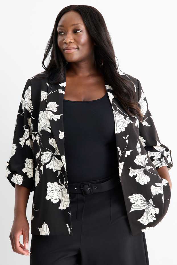 Femei - Blazer lung - relaxed fit - cu flori - negru / alb