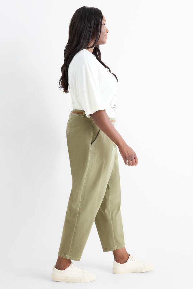 Femei - Pantaloni de stofă cu curea - talie înaltă - barrel leg - kaki