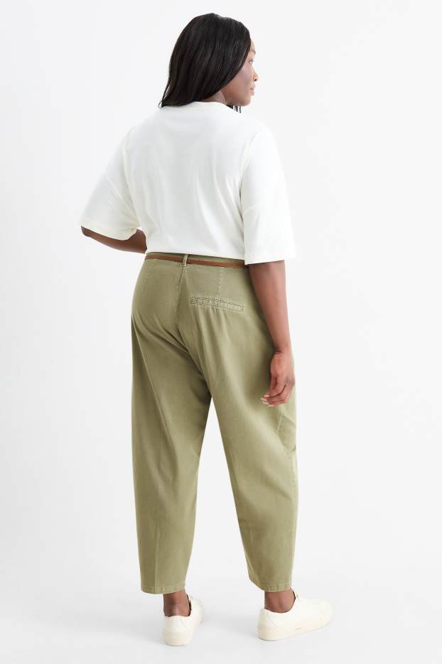 Femei - Pantaloni de stofă cu curea - talie înaltă - barrel leg - kaki