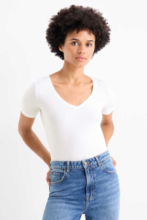 Femei - Multipack 3 buc. - tricou basic cu decolteu în V - slim fit - alb